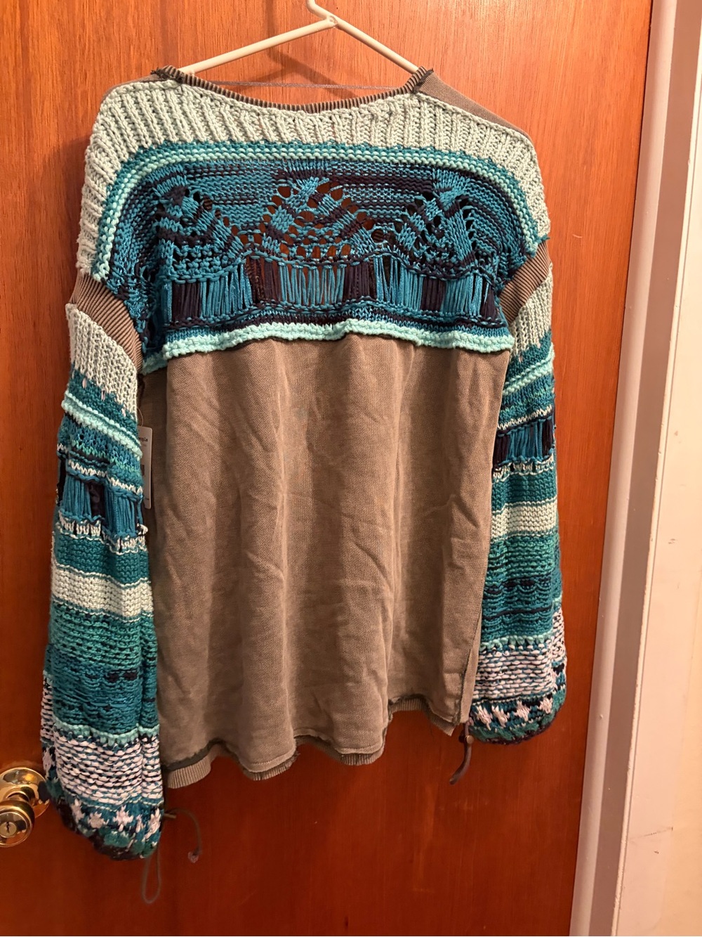 Free People Medium Carbon Pullover with Teal Crochet Statement Sleeves NWT - Picture 4 of 4